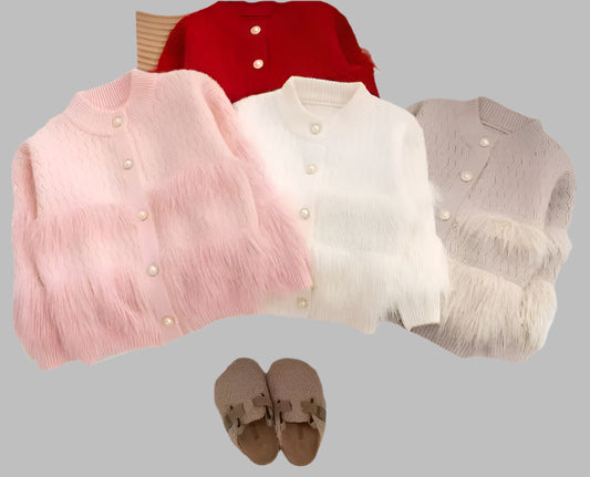 Button Style Jersey With Fur Rabbit Wool Stuff For Girls.